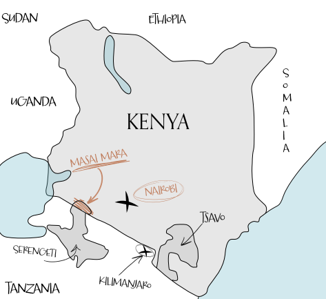 Map of Kenya showing the Masai Mara natural reserve