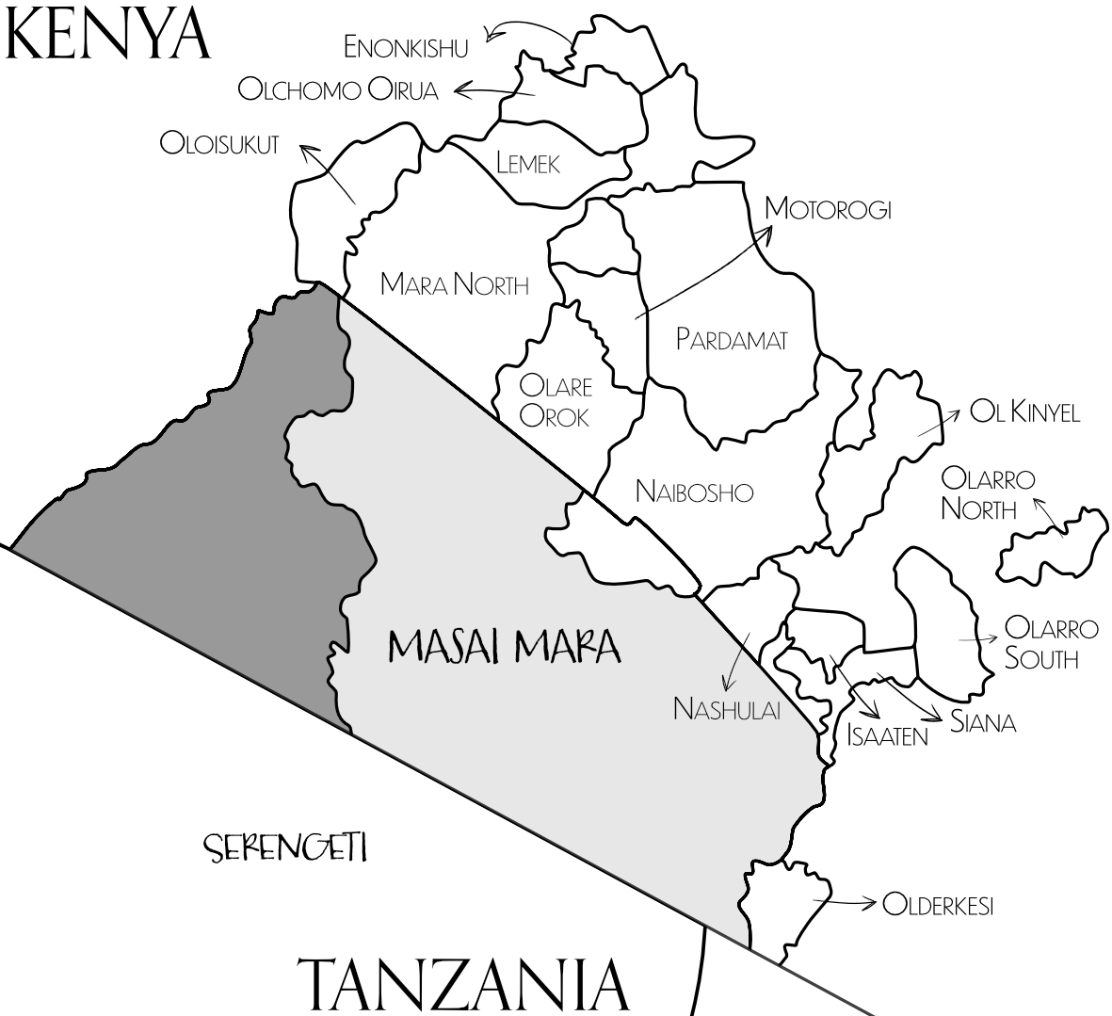 Full  Map of the Greater Mara ecosystem including the Masai Mara and the private conservancies.