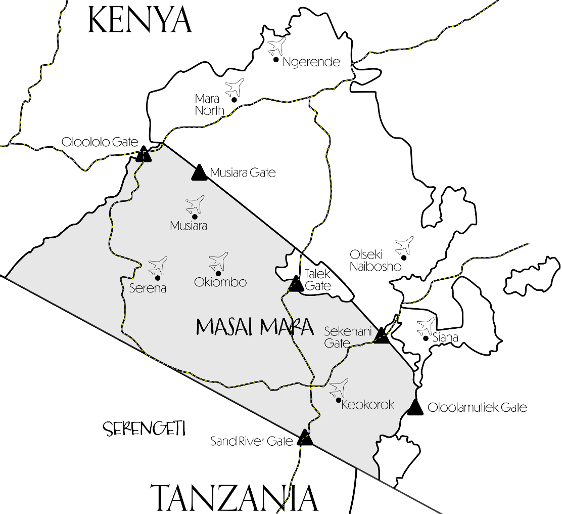 Map of roads to the Masai Mara, showing all entry gates and airstrips in the reserve.