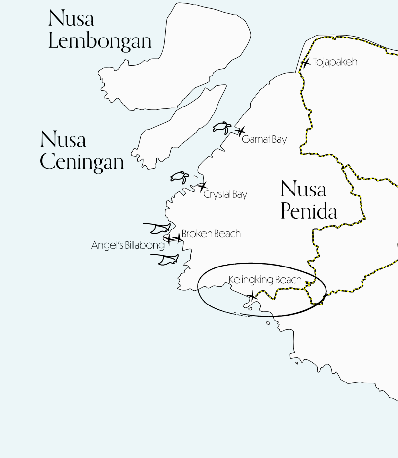 Map of Nusa Penida showing Suwehan Beach