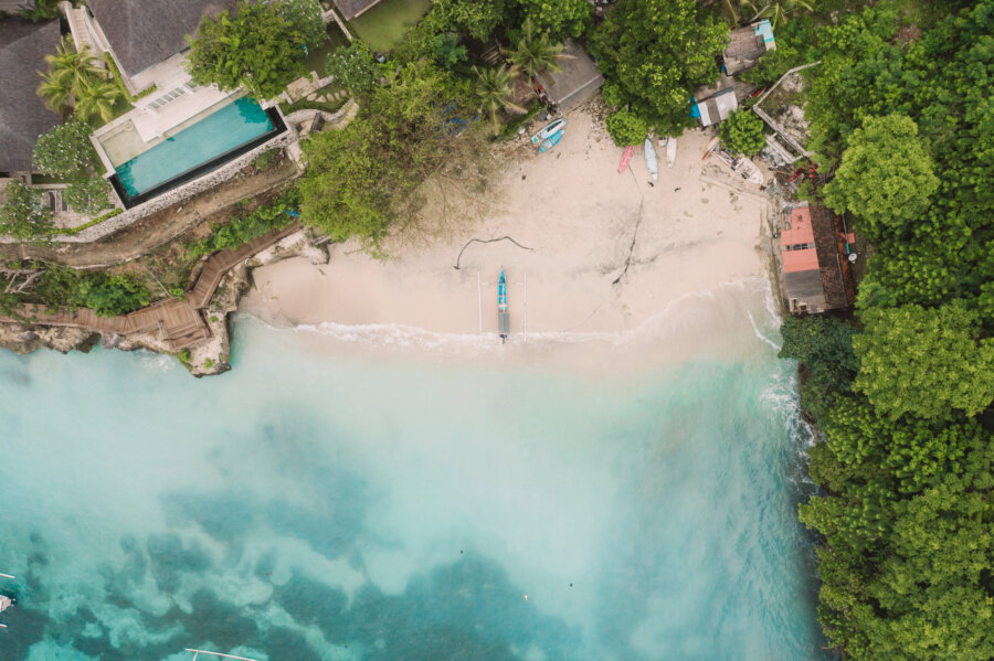 Drone shot of Song Lambung Beach (aka Coconut Beach in Nusa Lembongan)