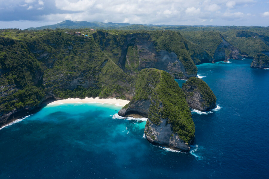 Drone shot of Kelingking beach in Nusa Penida