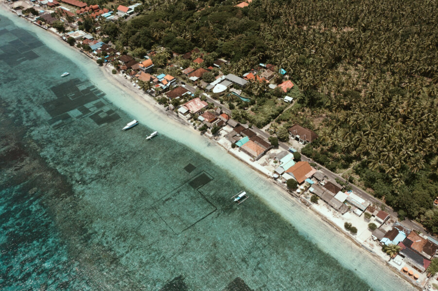 Drone shot of the beach at Penida Colada, Nusa Penida