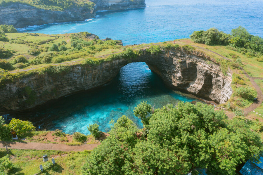 Drone shot in Broken Beach showing the portal, Nusa Penida