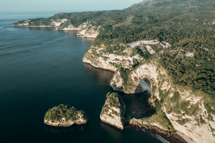 Drone shot showing the cliffs around Diamond Beach, Nusa Penida