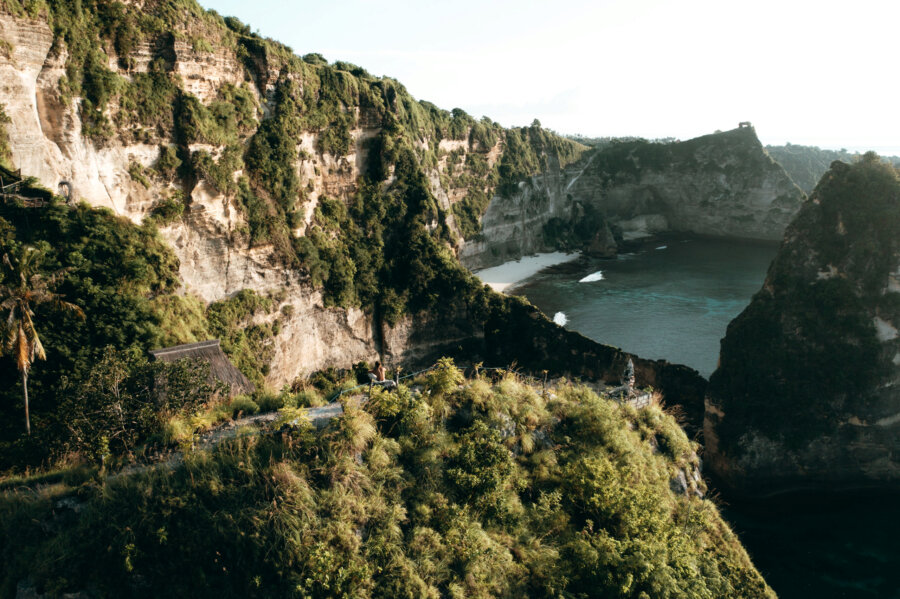 Drone shot from the treehouse Molenteng, with Diamond Beach at the back, Nusa Penida