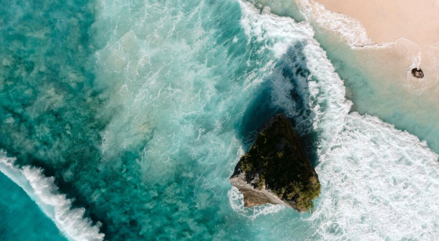 Suwehan Beach, Nusa Penida, birdseye view of the spear rock.