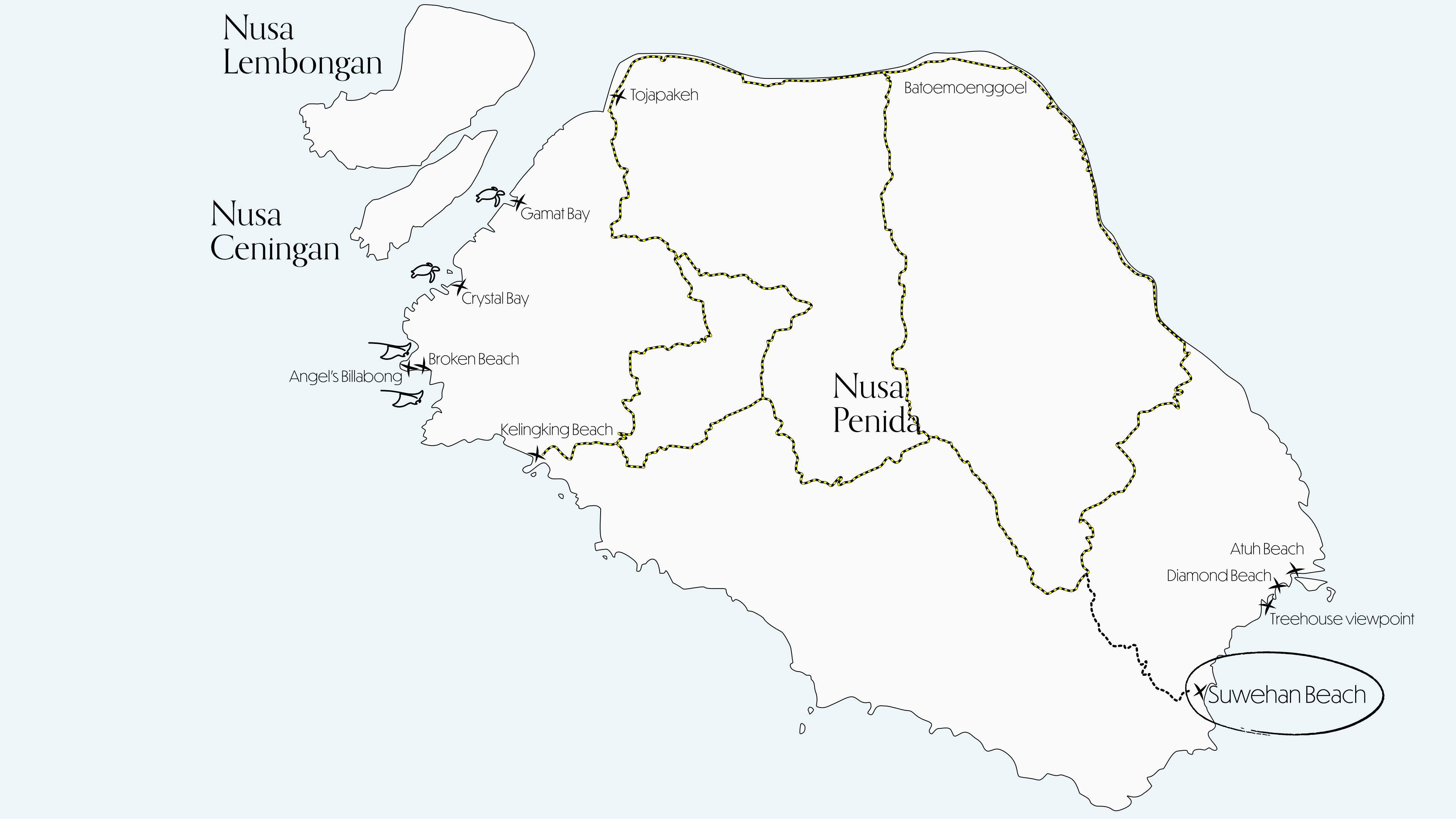 Map of Nusa Penida showing Suwehan Beach